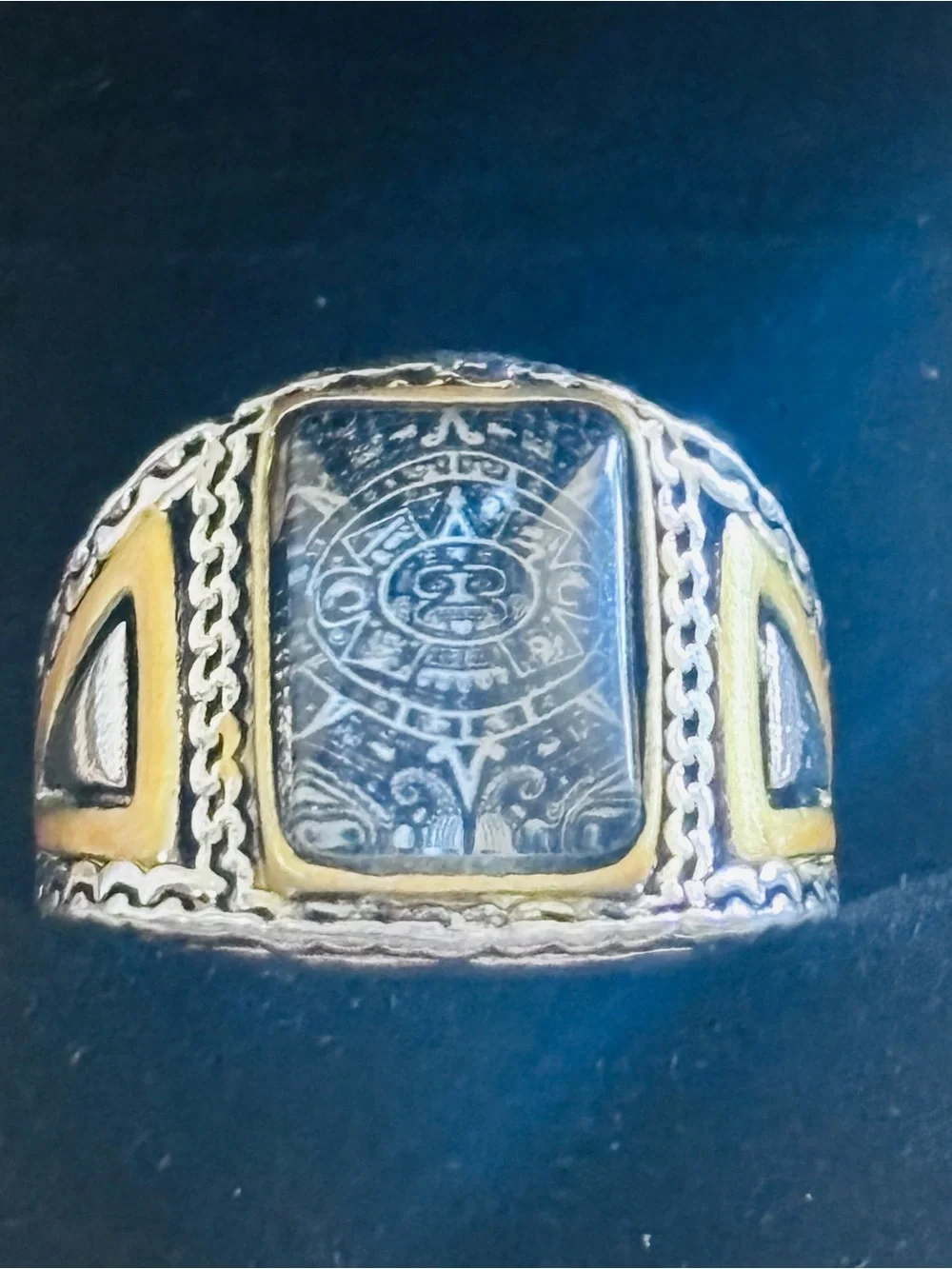 Two-Tone Aztec Motif Men's Signet Ring in Black and Gold Size 13